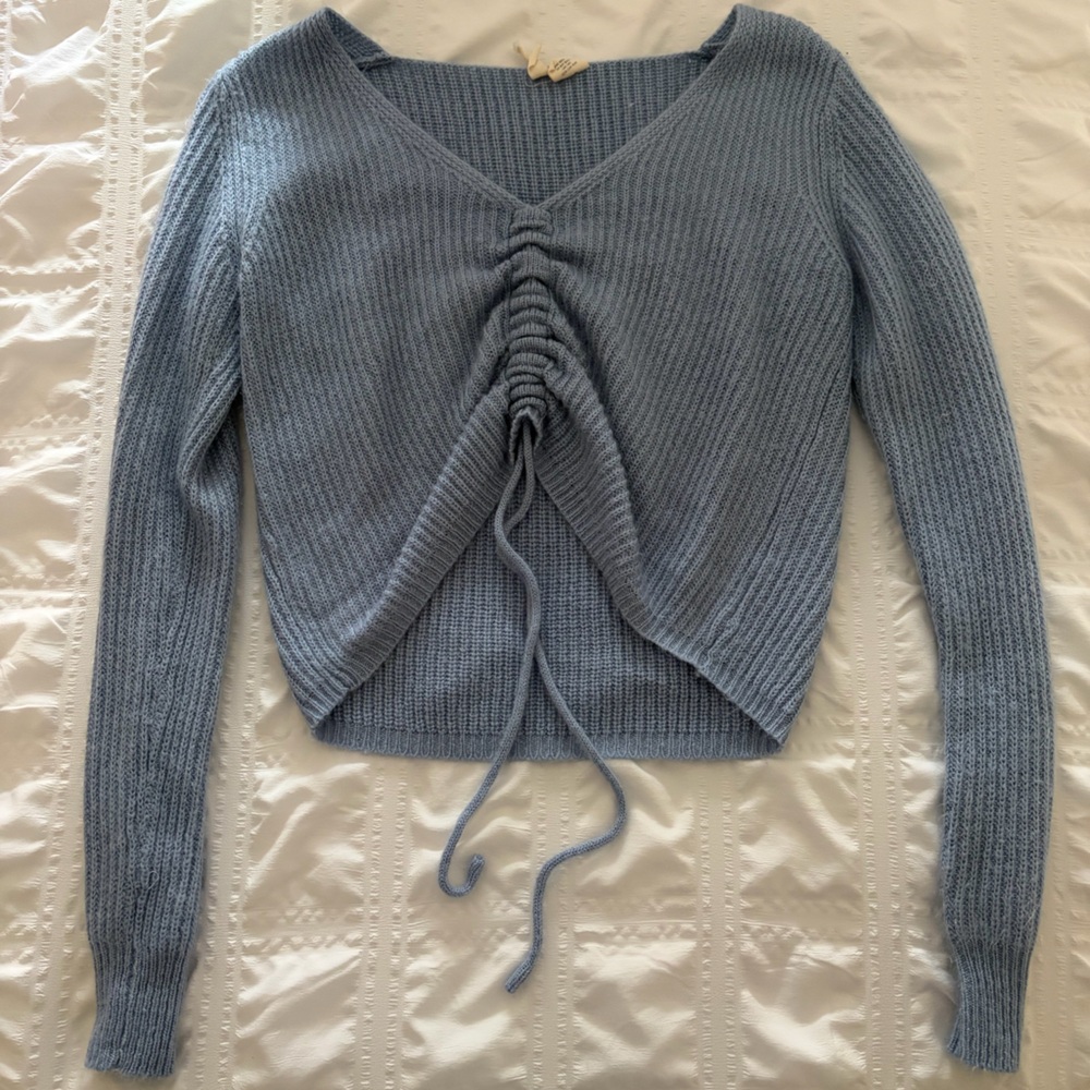 Women's Light Blue Ruched Front Ribbed Sweater